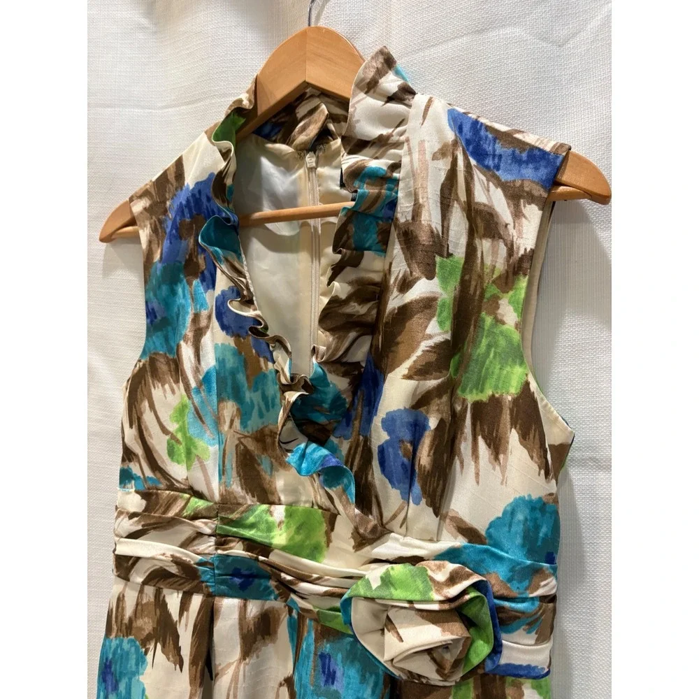 Jessica Howard Floral‎ Ruffle V-Neck Fit Flare Dress Blue Green Brown Petite 8P